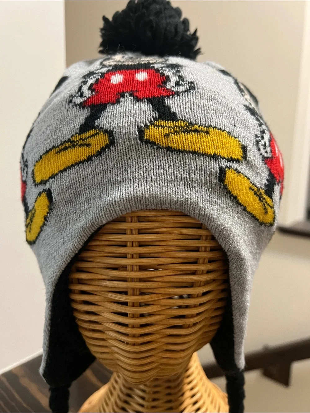 Kids Gray Mickey Mouse Pom-Pom Earflap Hat